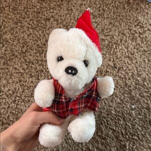 1986 A. M. & A’s vintageJingle Bear White Teddy Bear with Red Plaid Vest and Hat